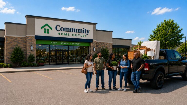 The Bring The Truck driver and four customers standing beside a loaded black RAM 1500 outside Community Home Outlet, the truck bed carrying a mattress, a wooden dresser and a lamp.