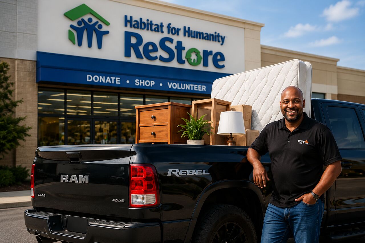 A Bring The Truck driver beside the loaded pickup, carrying furniture, a mattress and boxes.