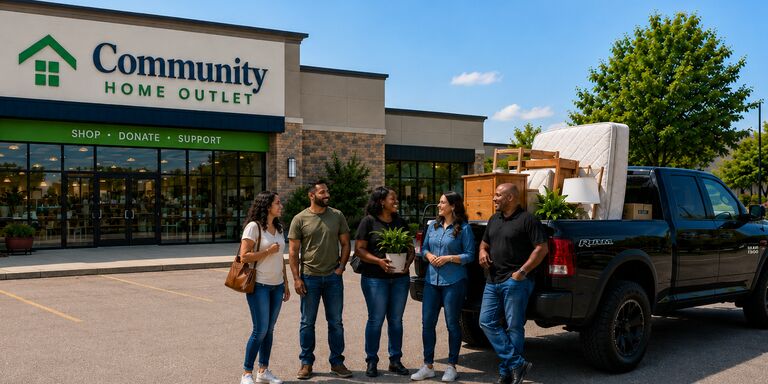 The Bring The Truck driver and four customers standing beside a loaded black RAM 1500 outside Community Home Outlet, the truck bed carrying a mattress, a wooden dresser and a lamp.